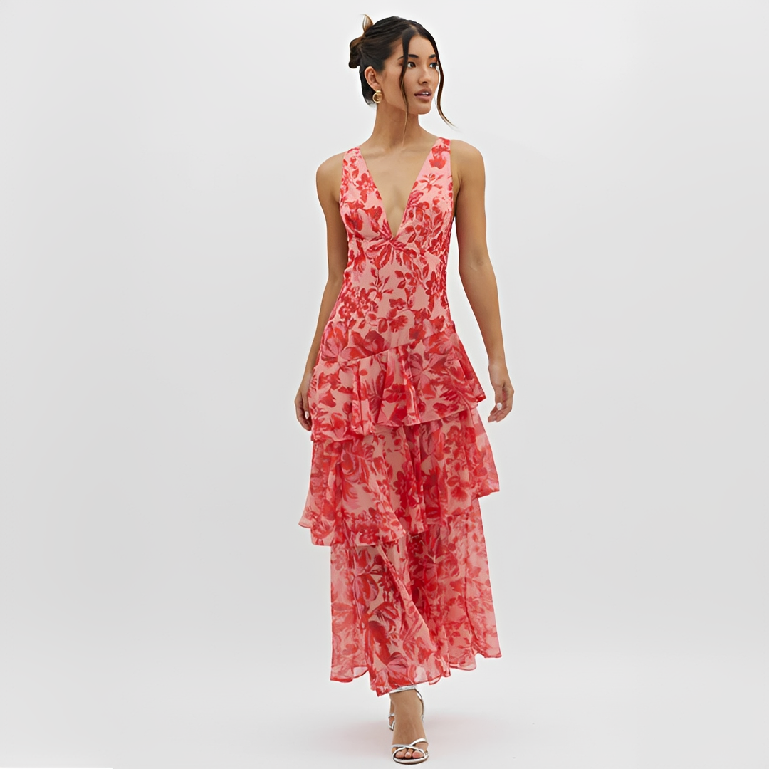 Faye - Elegantes Kleid mit leichtem Stoff, V-Ausschnitt und offenem Rücken