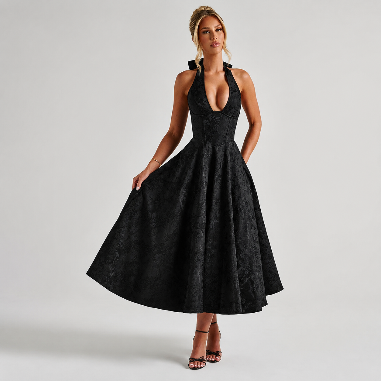 Dahlia - Stilvolles ärmelloses Kleid mit V-Ausschnitt und Neckholder