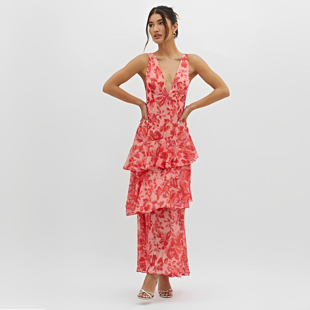 Faye - Elegantes Kleid mit leichtem Stoff, V-Ausschnitt und offenem Rücken