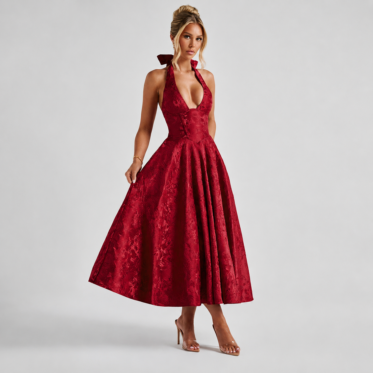 Dahlia - Stilvolles ärmelloses Kleid mit V-Ausschnitt und Neckholder