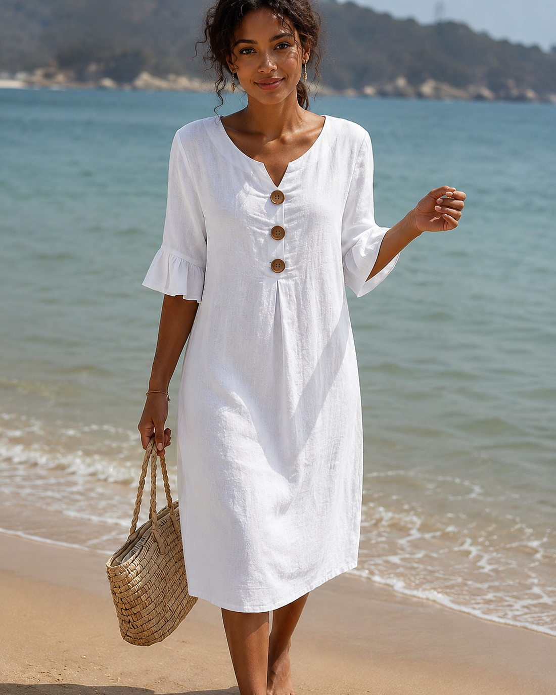 Éliane - Elegantes Kleid mit V-Halsausschnitt und Knopfdetails