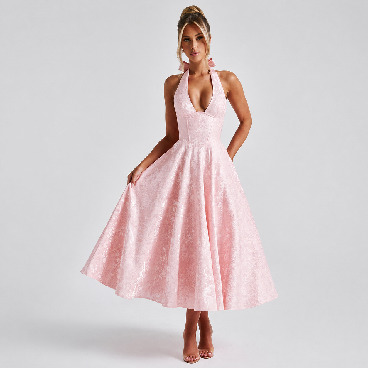 Dahlia - Stilvolles ärmelloses Kleid mit V-Ausschnitt und Neckholder
