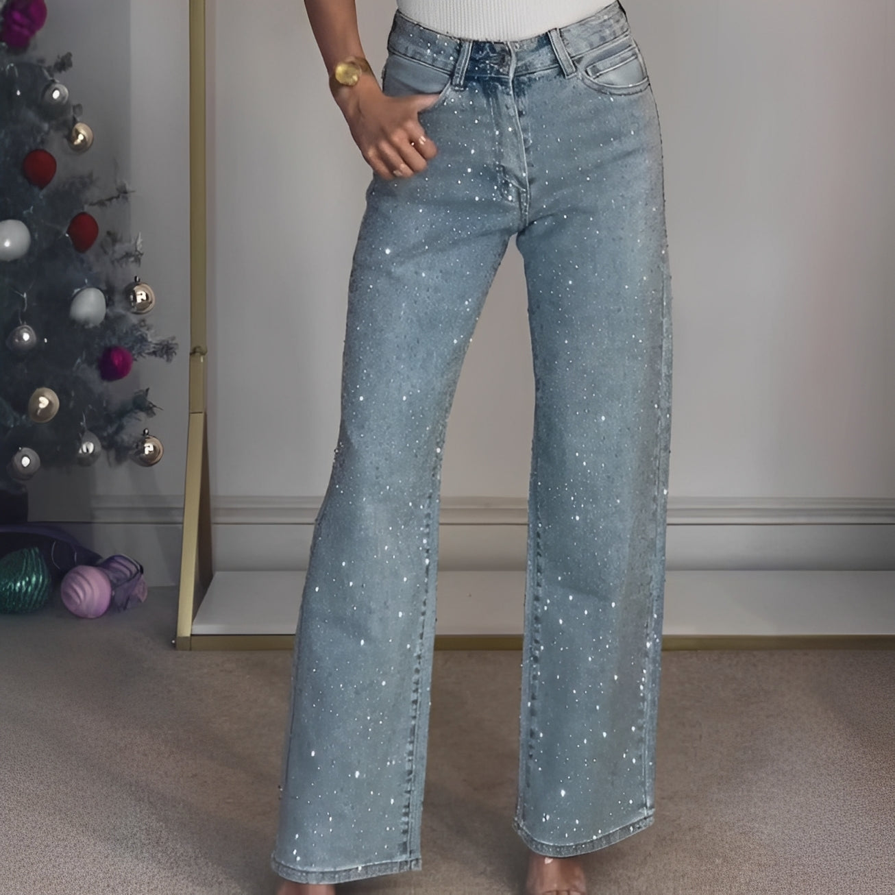 Sandra - Schicke glitzernde Damenhose mit hohem Bund
