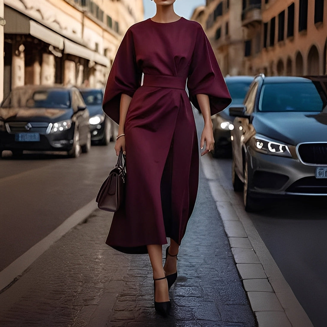 Élise - Elegantes Damenkleid mit Laternenärmeln und Gürtel